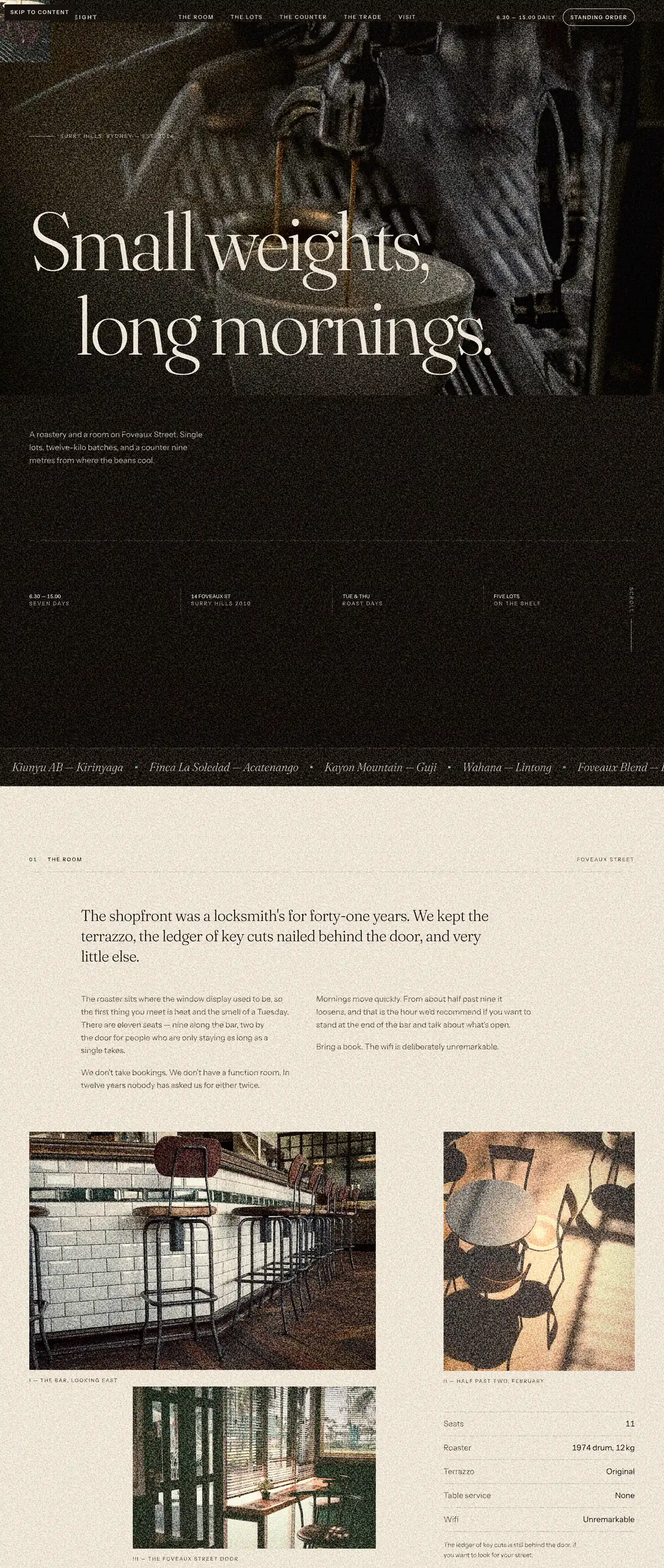 The full length of the Pennyweight homepage, from the hero photograph through the origin story, the roasting process and the contact details.